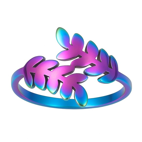 Rainbow Titanium Leaf Ring | Adjustable Boho Statement Jewelry | Festival Y2K - Picture 4 of 4
